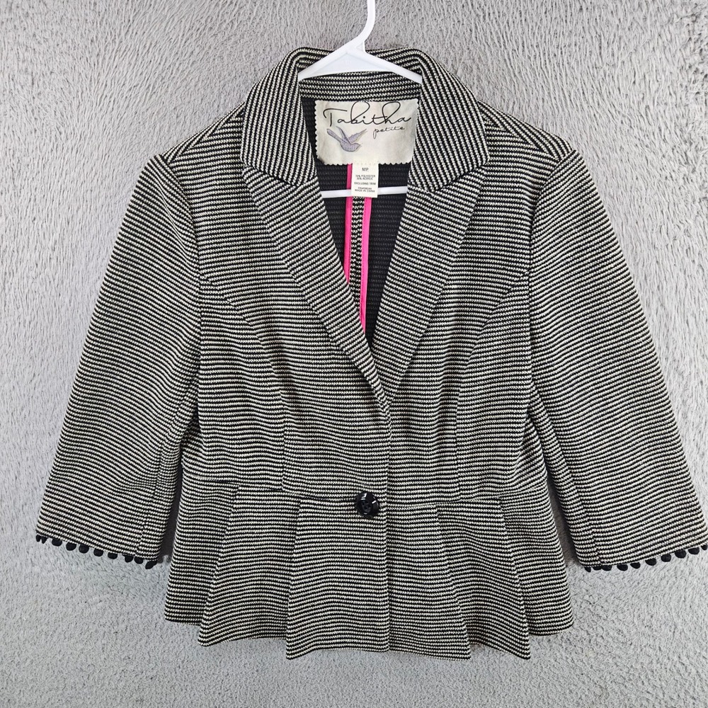 Tabitha Petite Womens Black White Striped Peplum Blazer Jacket Pom Pom Trim MP